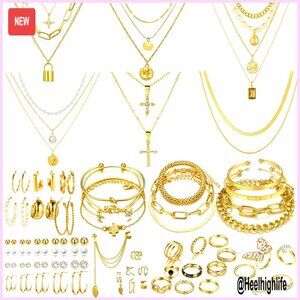 73-Piece Gold-Plated Jewelry Set with Necklaces, Earrings, Rings, Anklets